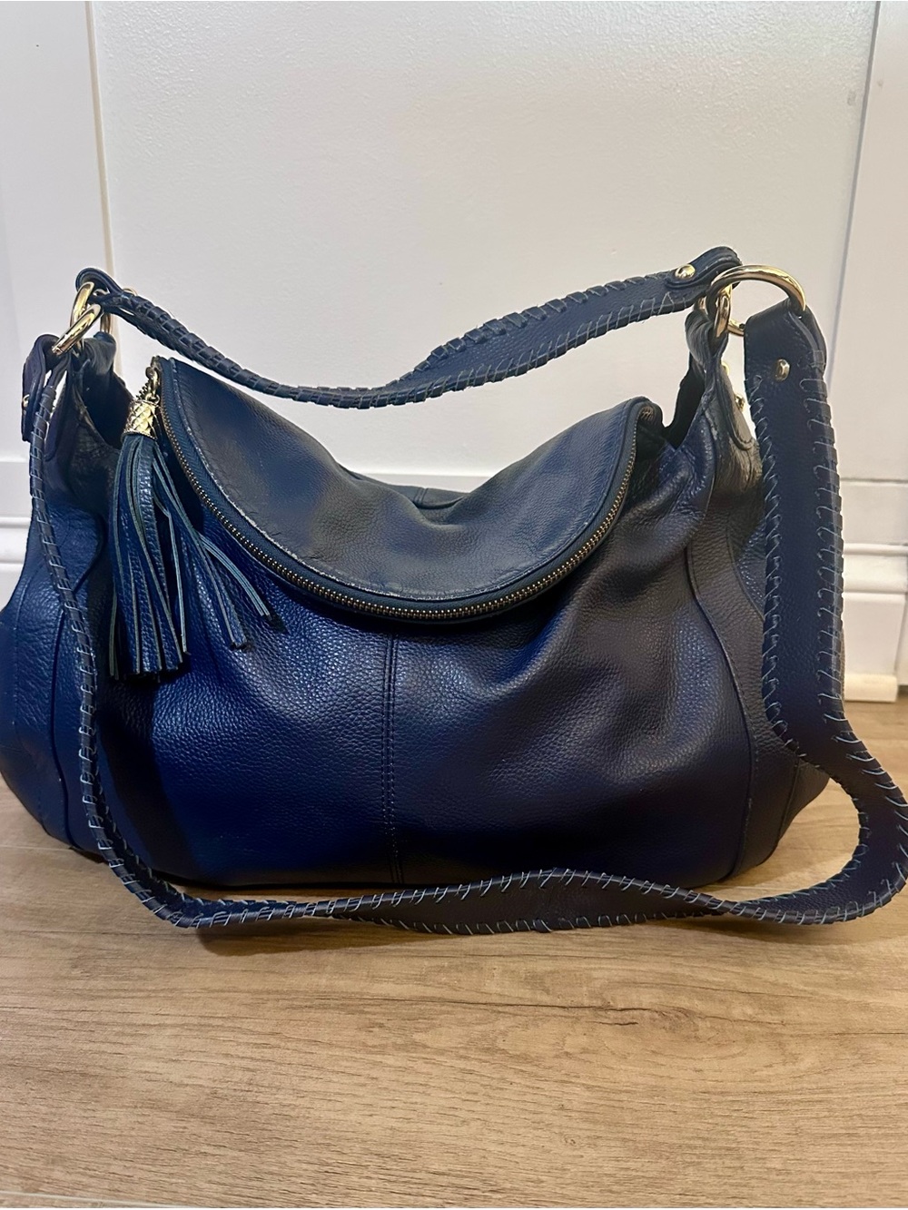 Onna Ehrlich Navy Leather Hobo with Tassel
